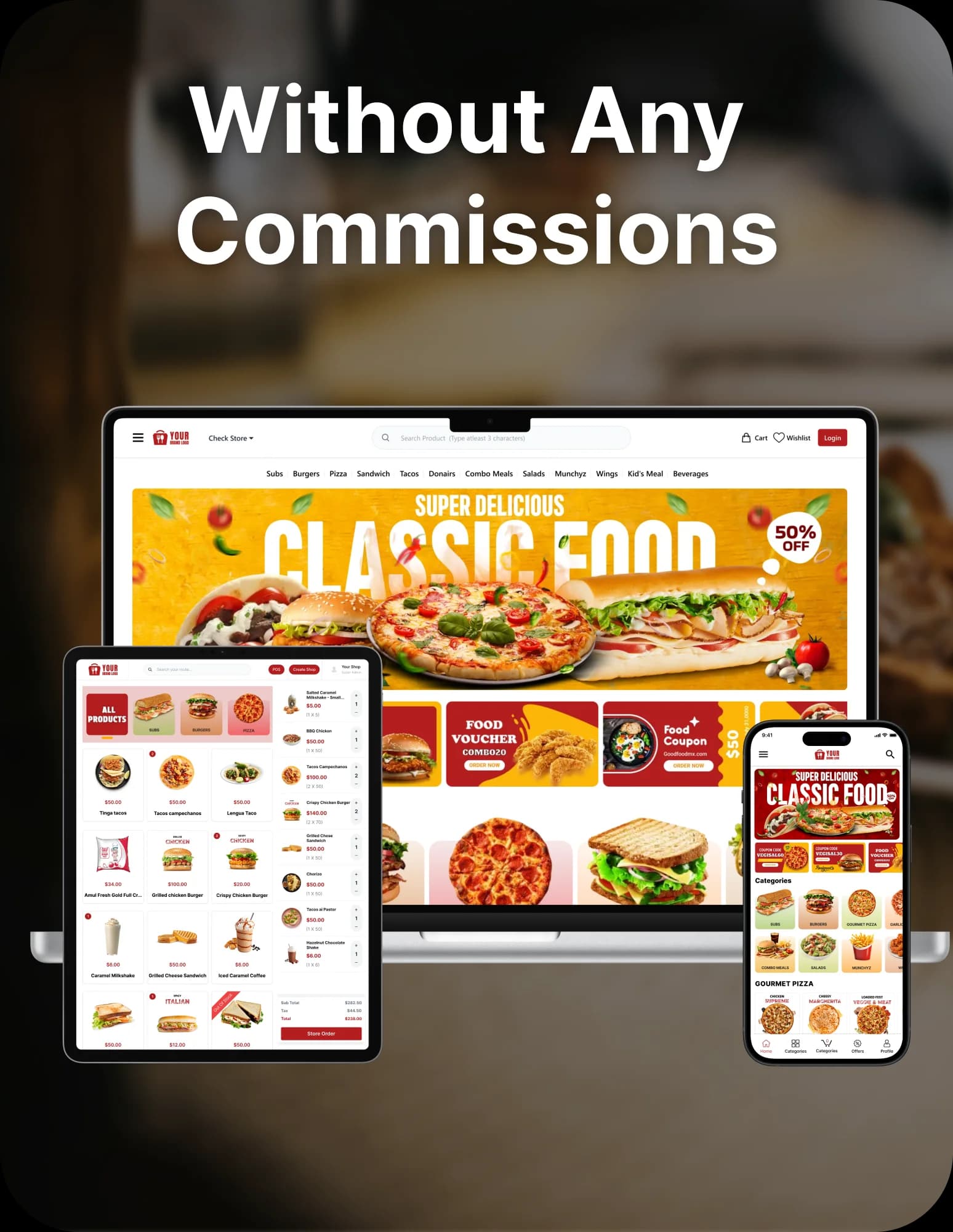 Restaurant website and mobile app showing food menu without commissions