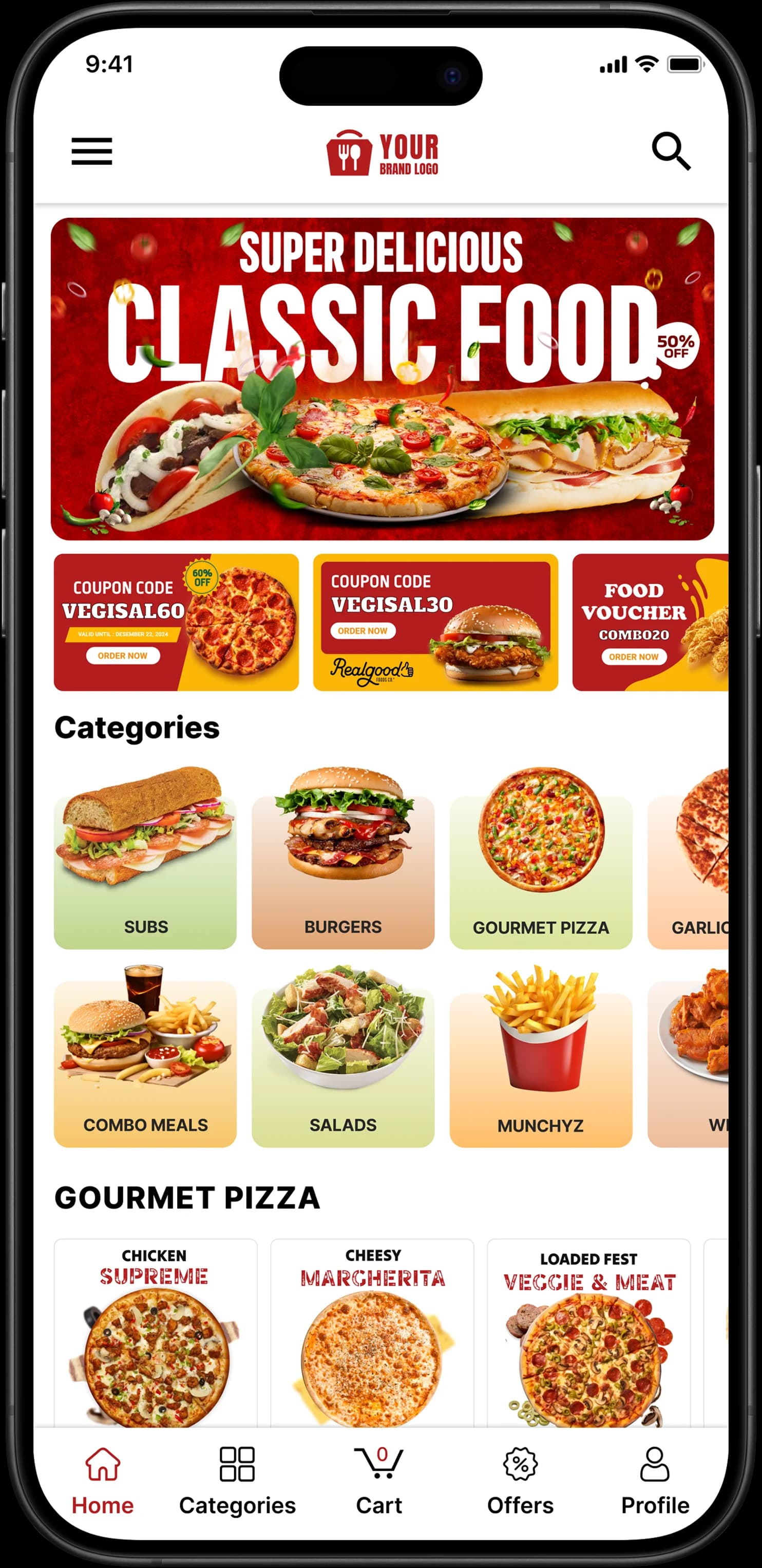 Restaurant mobile app home screen showing classic food deals and categories
