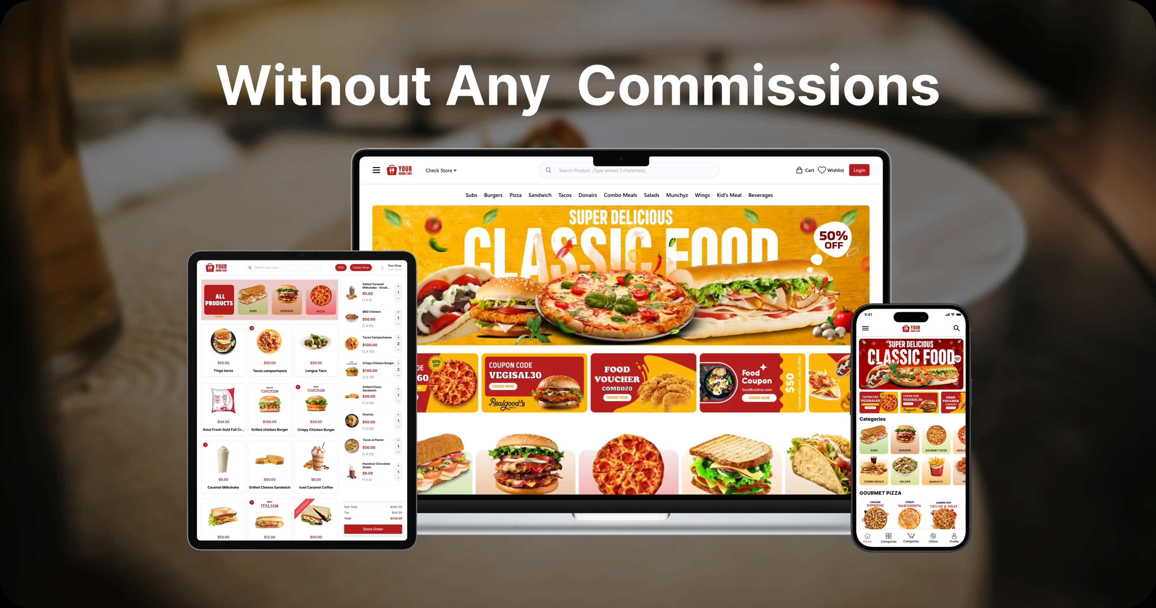 Restaurant website and mobile app showing food menu without commissions