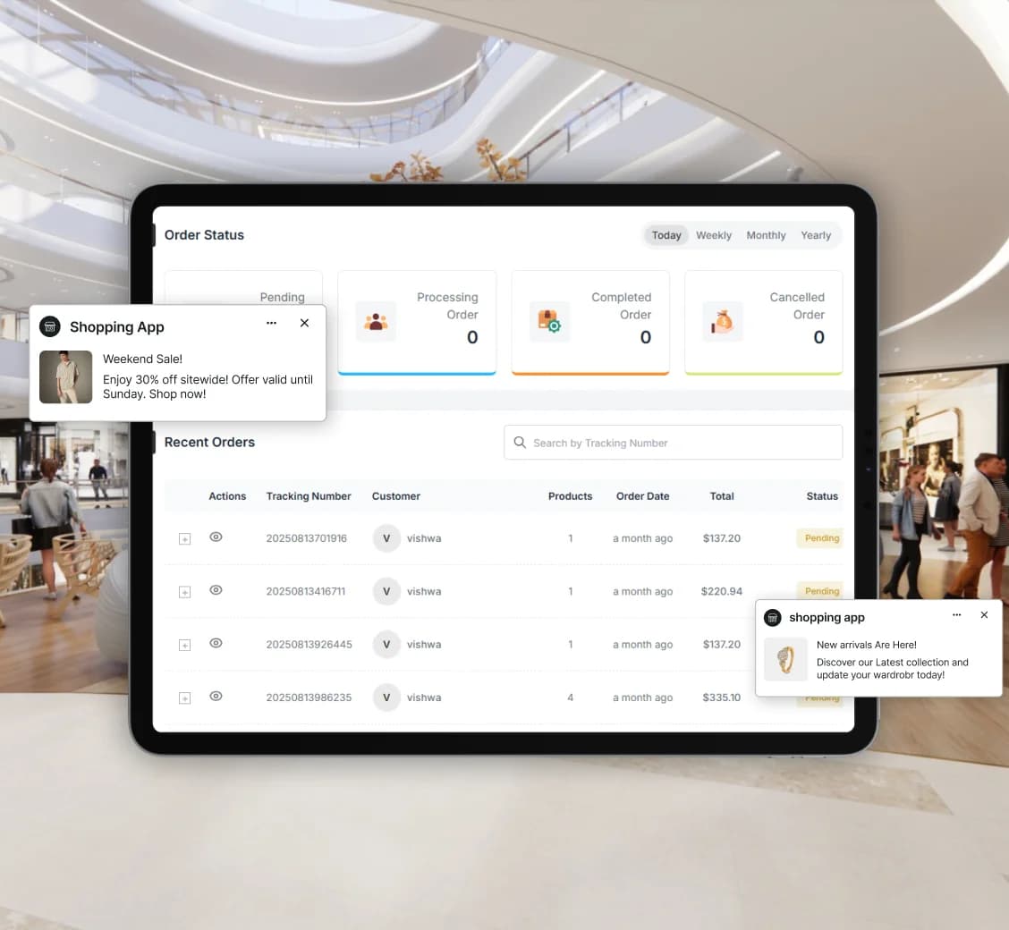 Ecommerce dashboard showing order tracking, smart rewards, and customer notifications for repeat purchases