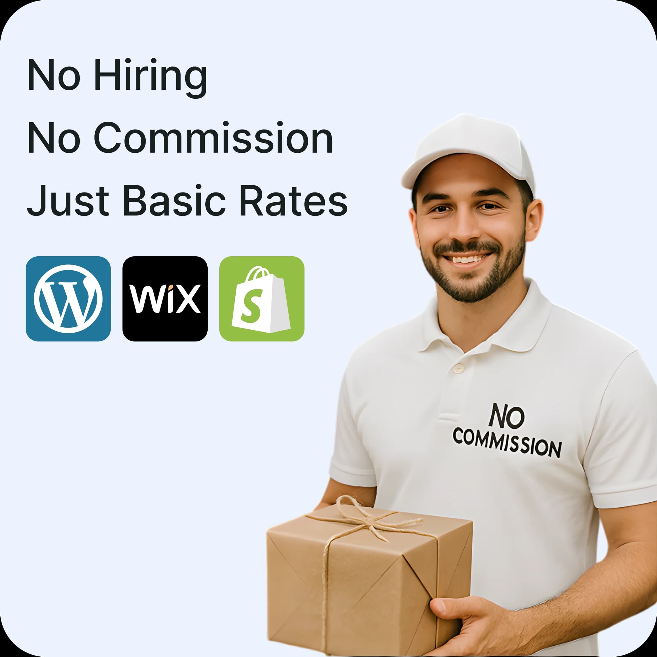 Delivery staff with no commission shirt promoting basic rate service | TryzenSolution.com