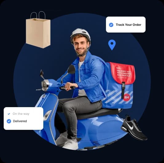 Delivery rider on scooter with order tracking interface and delivery status icons