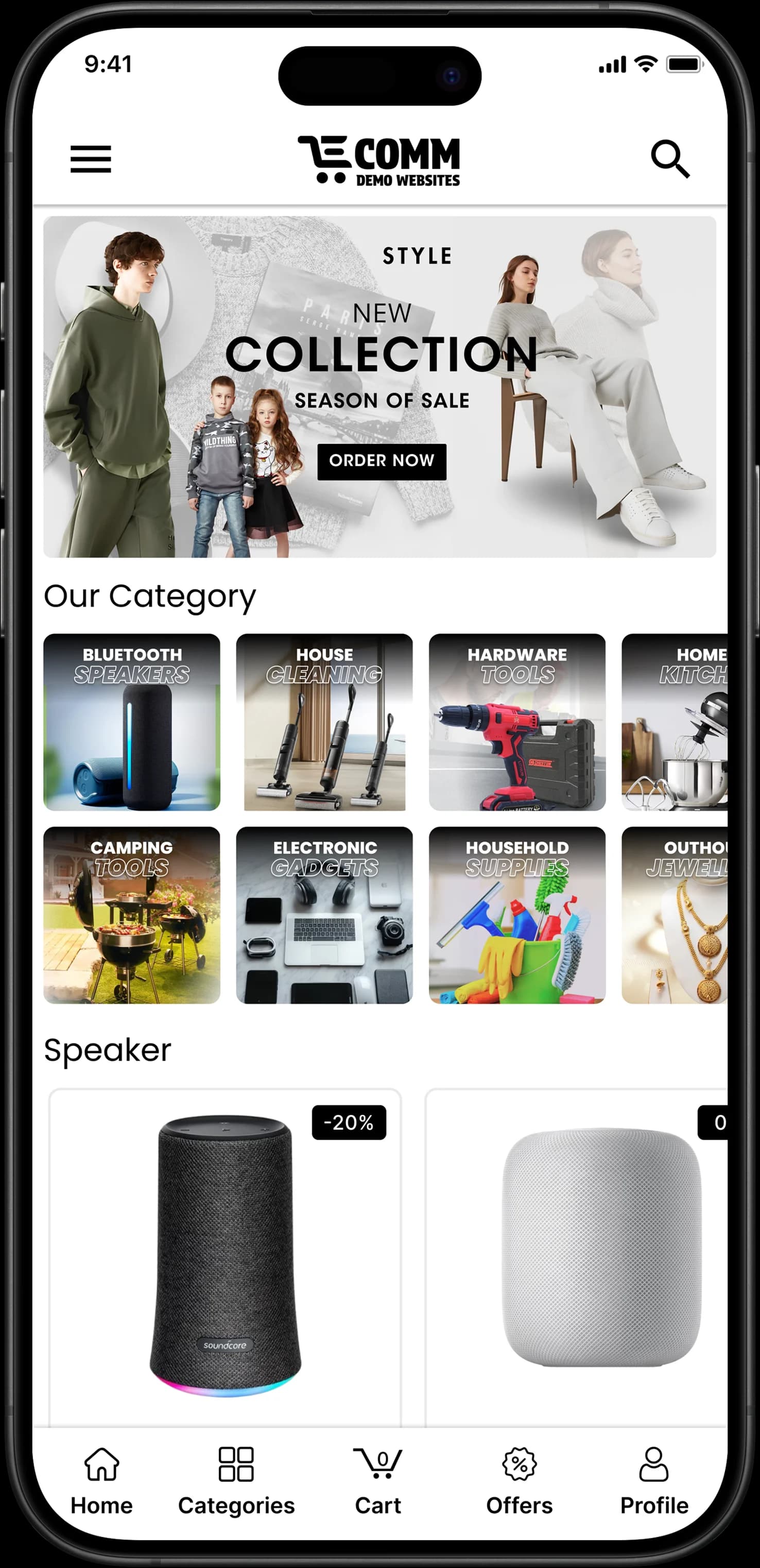 Mobile preview of eCommerce demo website showing product categories and $599 lifetime deal offer from Tryzen Solution