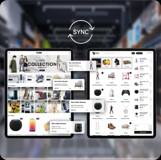 Dashboard interface showing synced online and offline orders with real-time inventory tracking and order updates