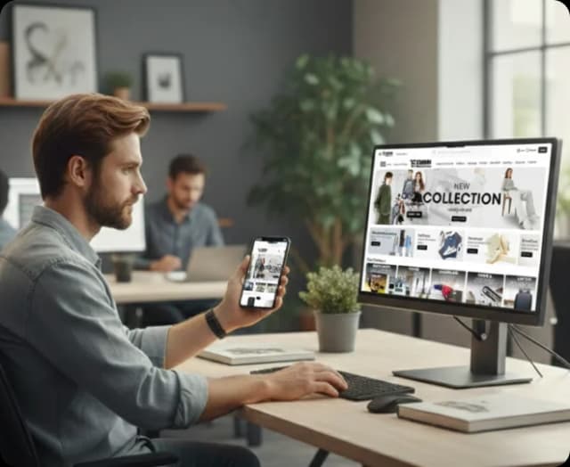 Man checking online storefront on computer and phone