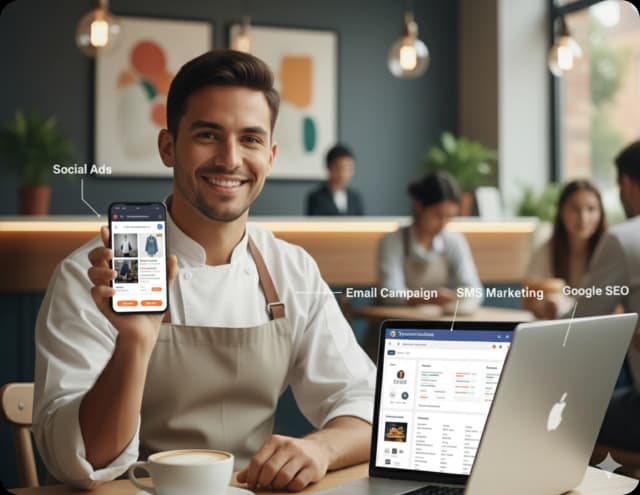 Cafe owner showing e-commerce app on phone for online orders