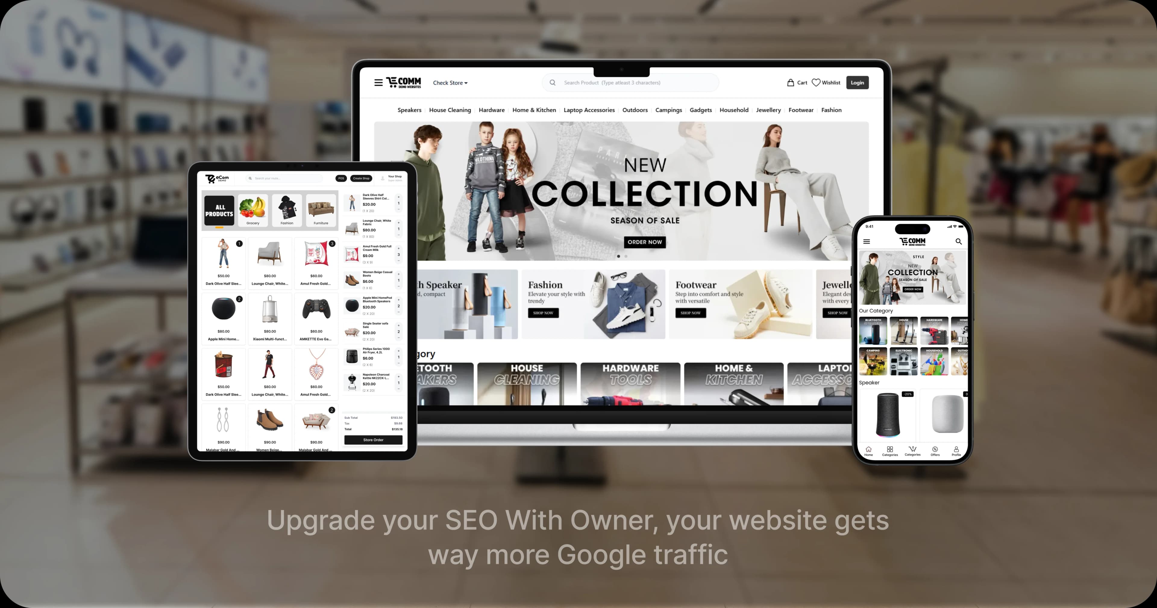 E-commerce website demo on multiple devices showing brand ownership and SEO boost
