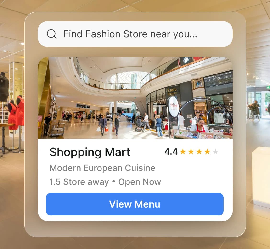 Mall view with shopping mart listing and search bar for finding fashion stores nearby