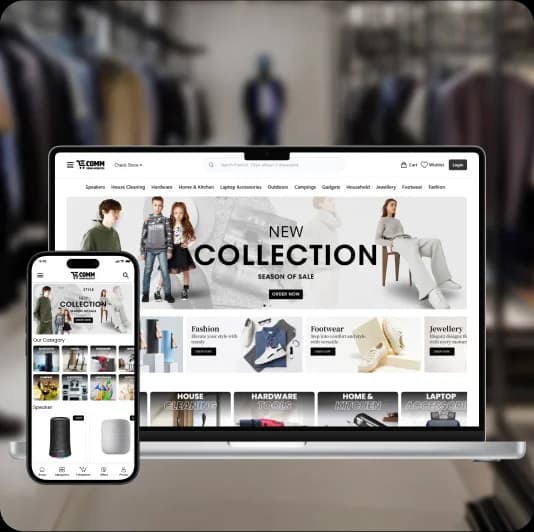 Custom ecommerce website shown on laptop and smartphone with new collection banner