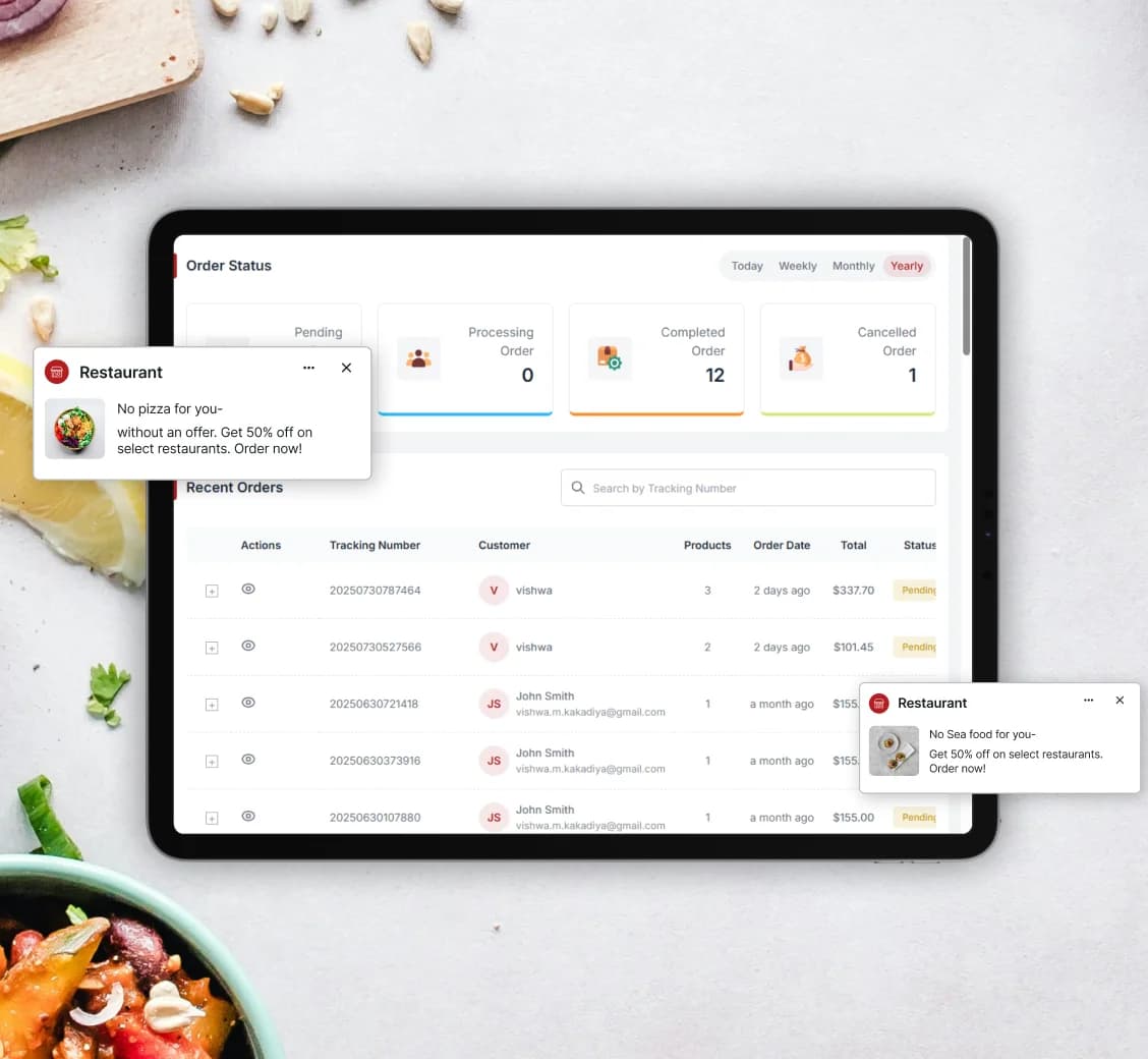 Restaurant app showing flash deals, delivery offers, cashback, and coupon notifications to boost customer loyalty and repeat orders
