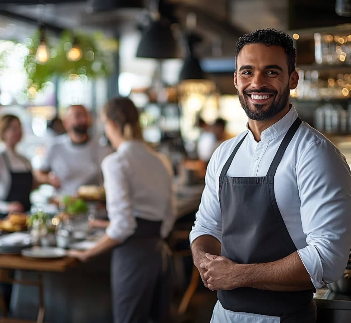 Restaurant manager representing franchise branding and staff management solution