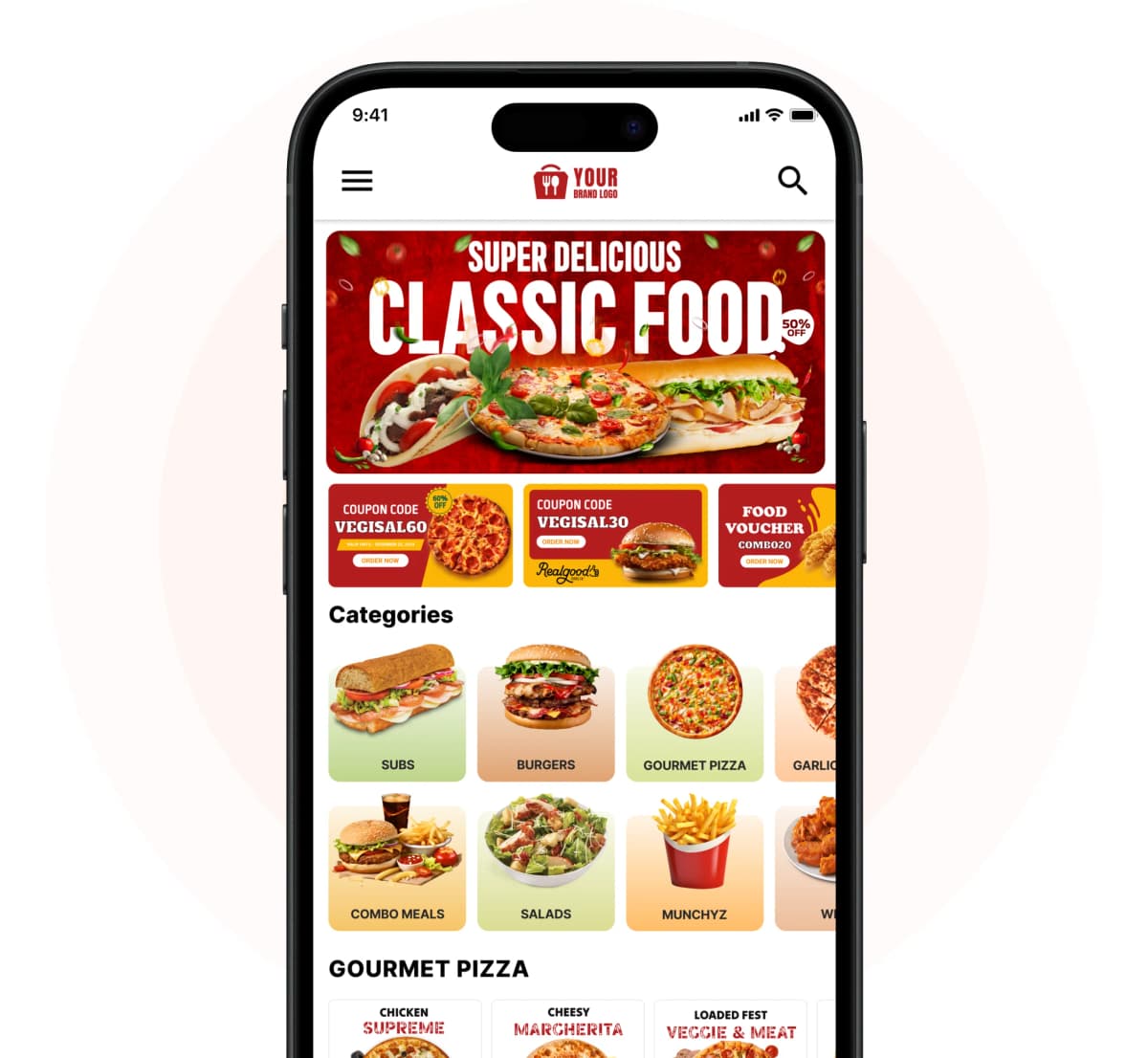 Restaurant online ordering system with custom branding and food categories