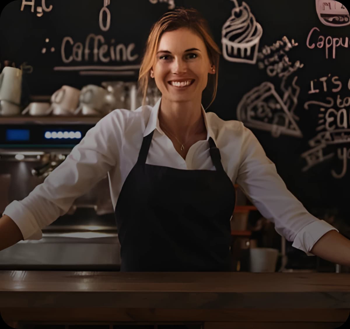 Smiling restaurant owner at counter