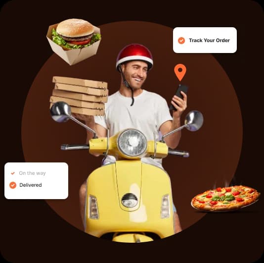 Smiling delivery rider on scooter using phone to track and deliver food orders
