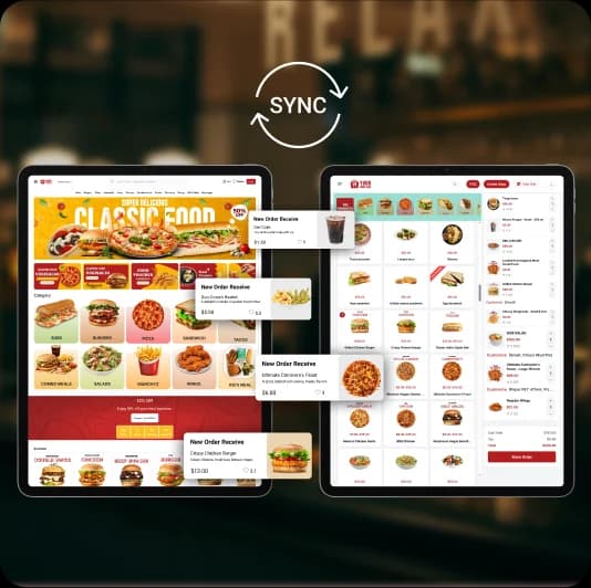 Restaurant dashboard showing synchronized online and in-store orders with real-time inventory updates