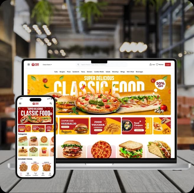 Restaurant website and mobile app storefront showcasing menu and offers
