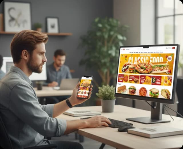 Online food ordering on laptop and phone