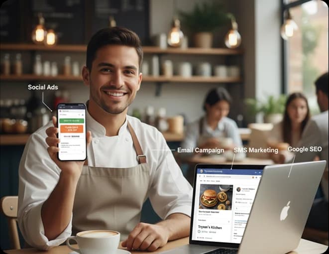 Restaurant owner running email and social media marketing campaigns