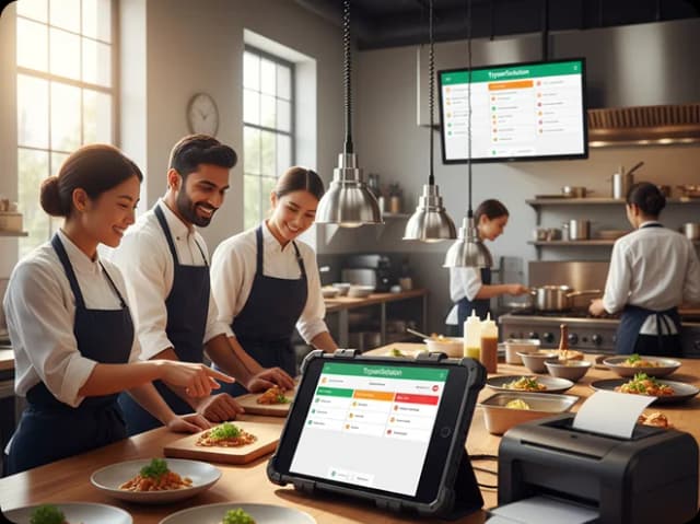 Restaurant team managing online orders on tablet