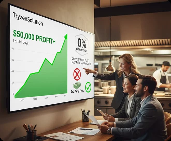 Team reviewing Tryzen Solution analytics dashboard showing profit growth